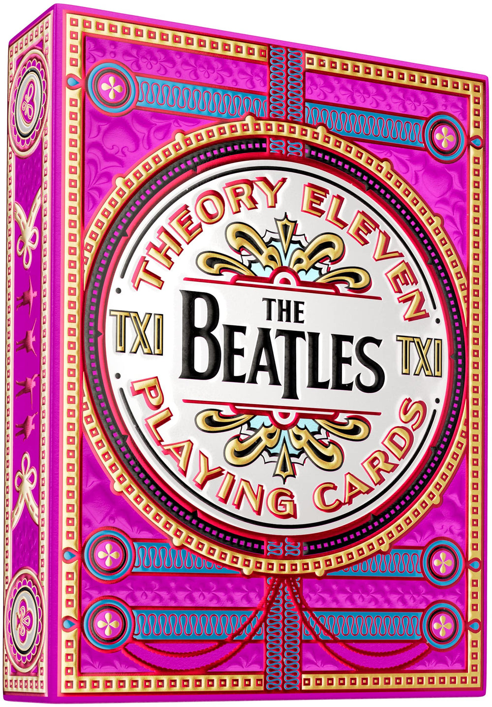 theory11 The Beatles Pink Deck box front embossing highlights vibrant collector appeal.