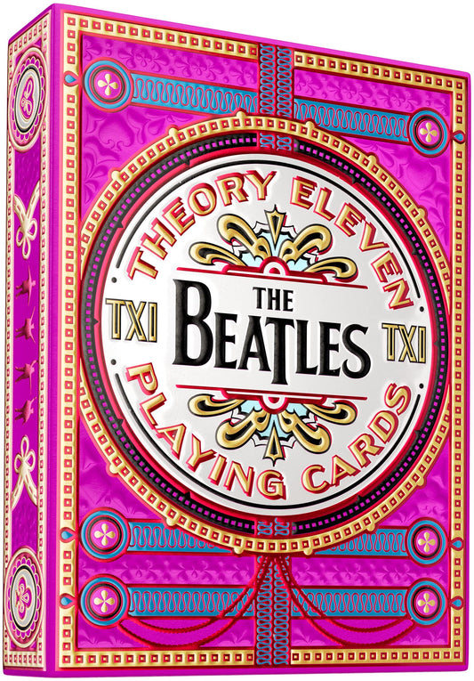 theory11 The Beatles Pink Deck box front embossing highlights vibrant collector appeal.