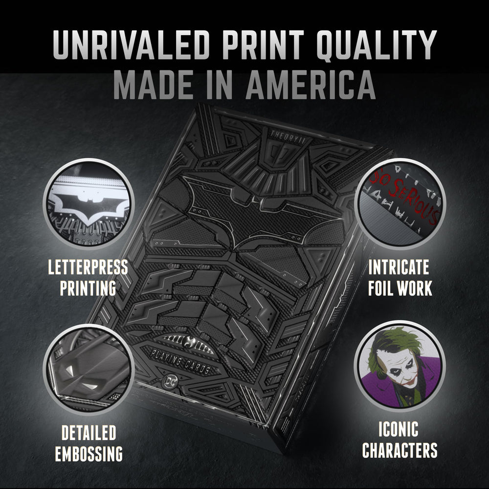 theory11 dark knight trilogy aces feature themed artwork and collectible flair.