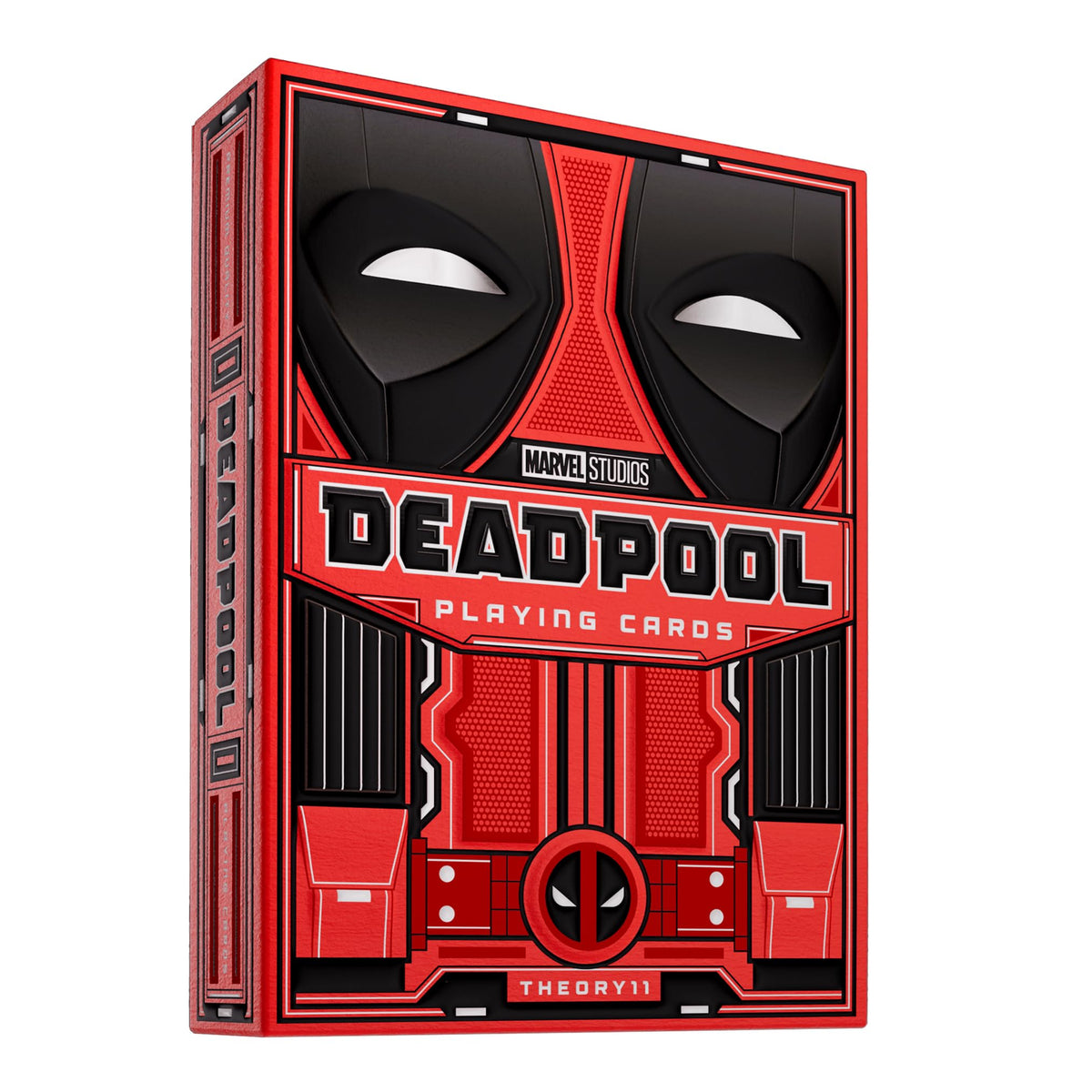 Theory11 Deadpool Premium Playing Cards box design showcases iconic suit-inspired packaging.