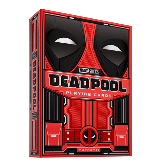 Theory11 Deadpool Premium Playing Cards box design showcases iconic suit-inspired packaging.
