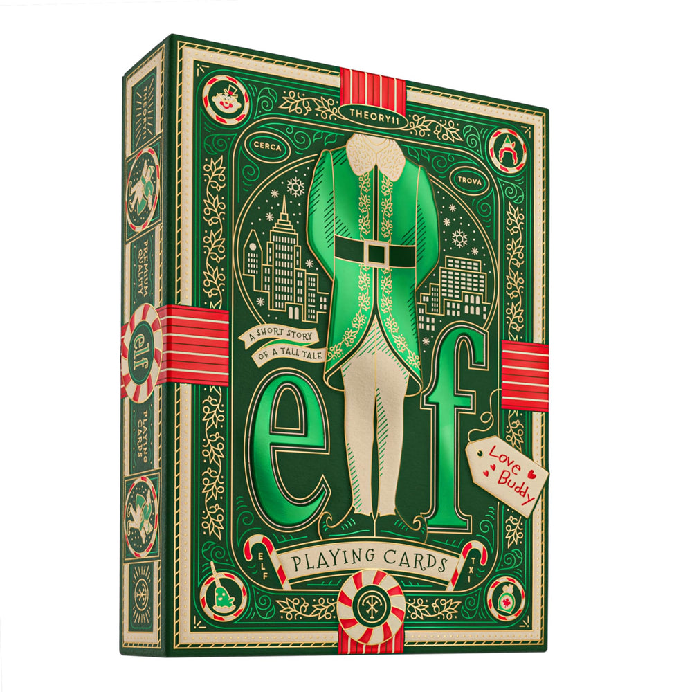 The theory11 Elf Playing Cards deck front—premium holiday design for festive game nights.