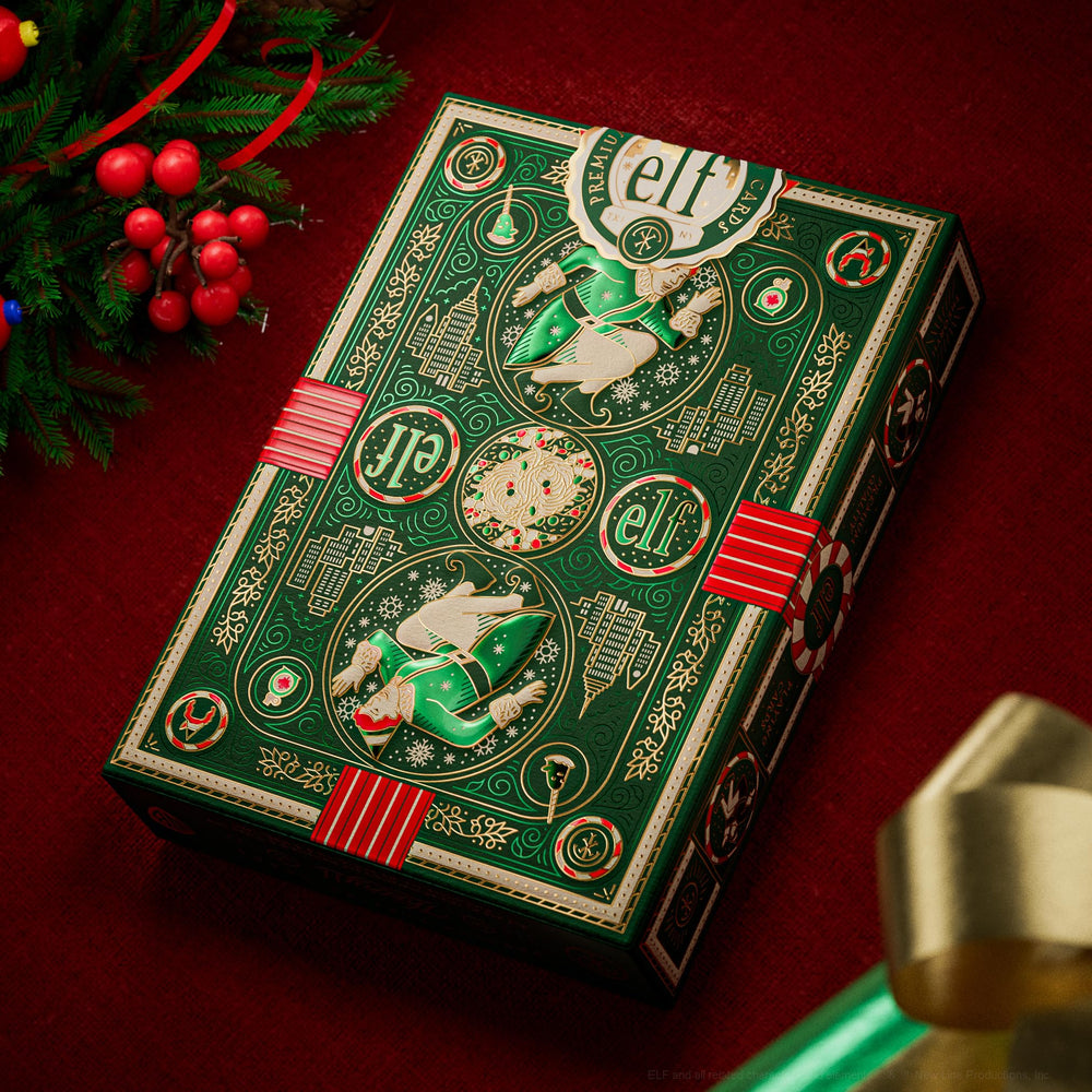 The theory11 Elf Playing Cards hot stamping detail—festive foil accents for a premium look.