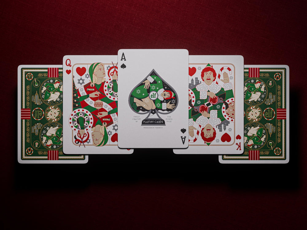 The theory11 Elf Playing Cards North Pole design—evoking Christmas magic at the table.