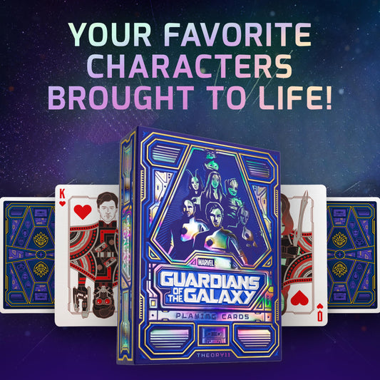 theory11 Guardians of The Galaxy embossed and gold-foil packaging adds tactile luxury to your deck setup.