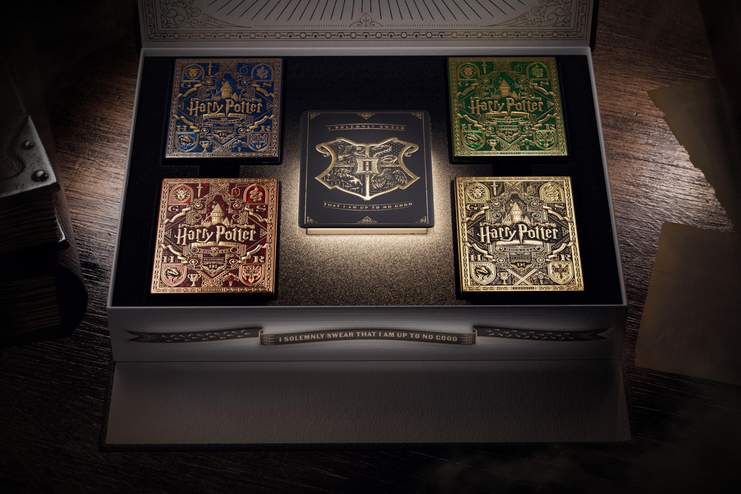 Inside the box, five premium Harry Potter decks await with ornate gold foil