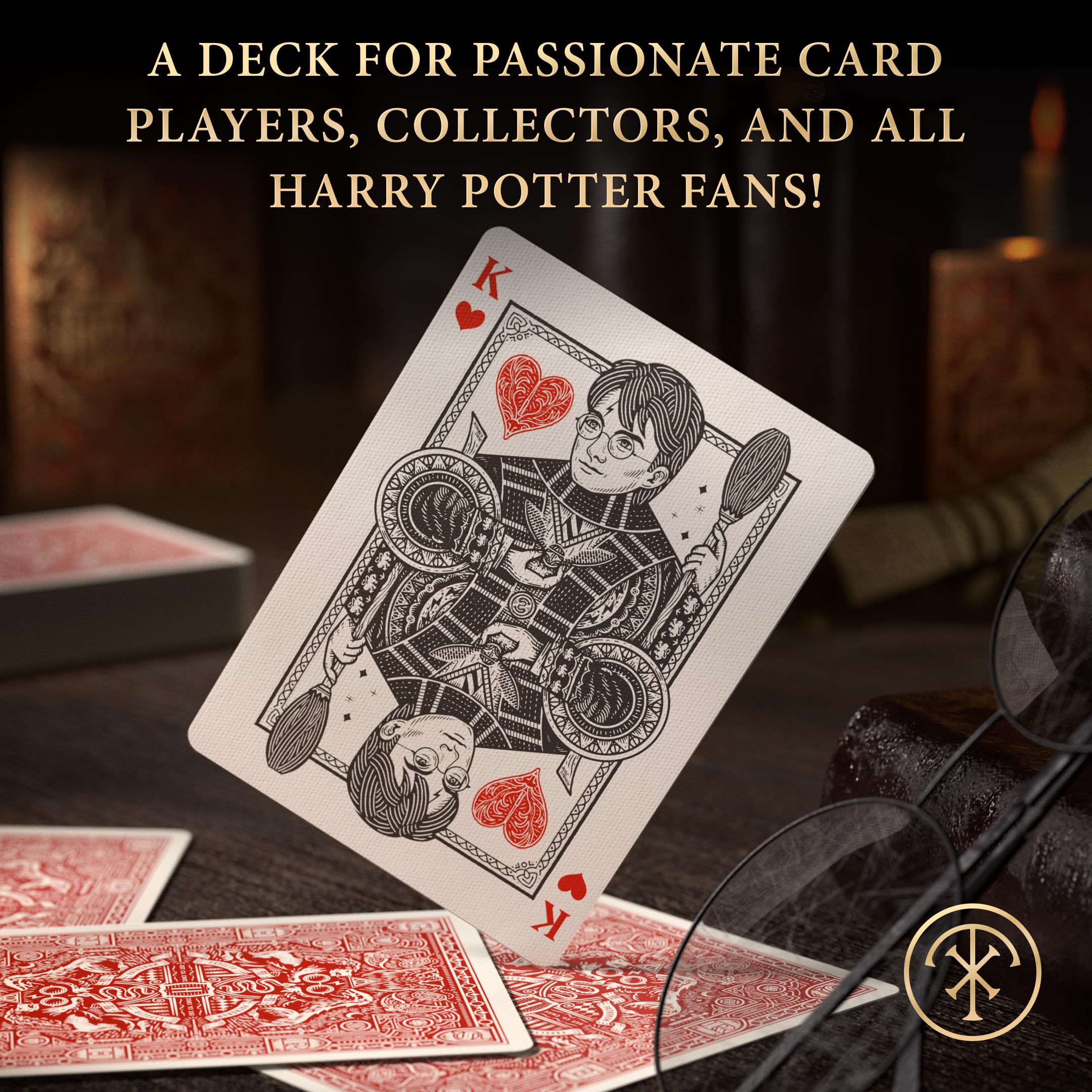 Aces and jokers feature wizarding symbols for distinctive deck details