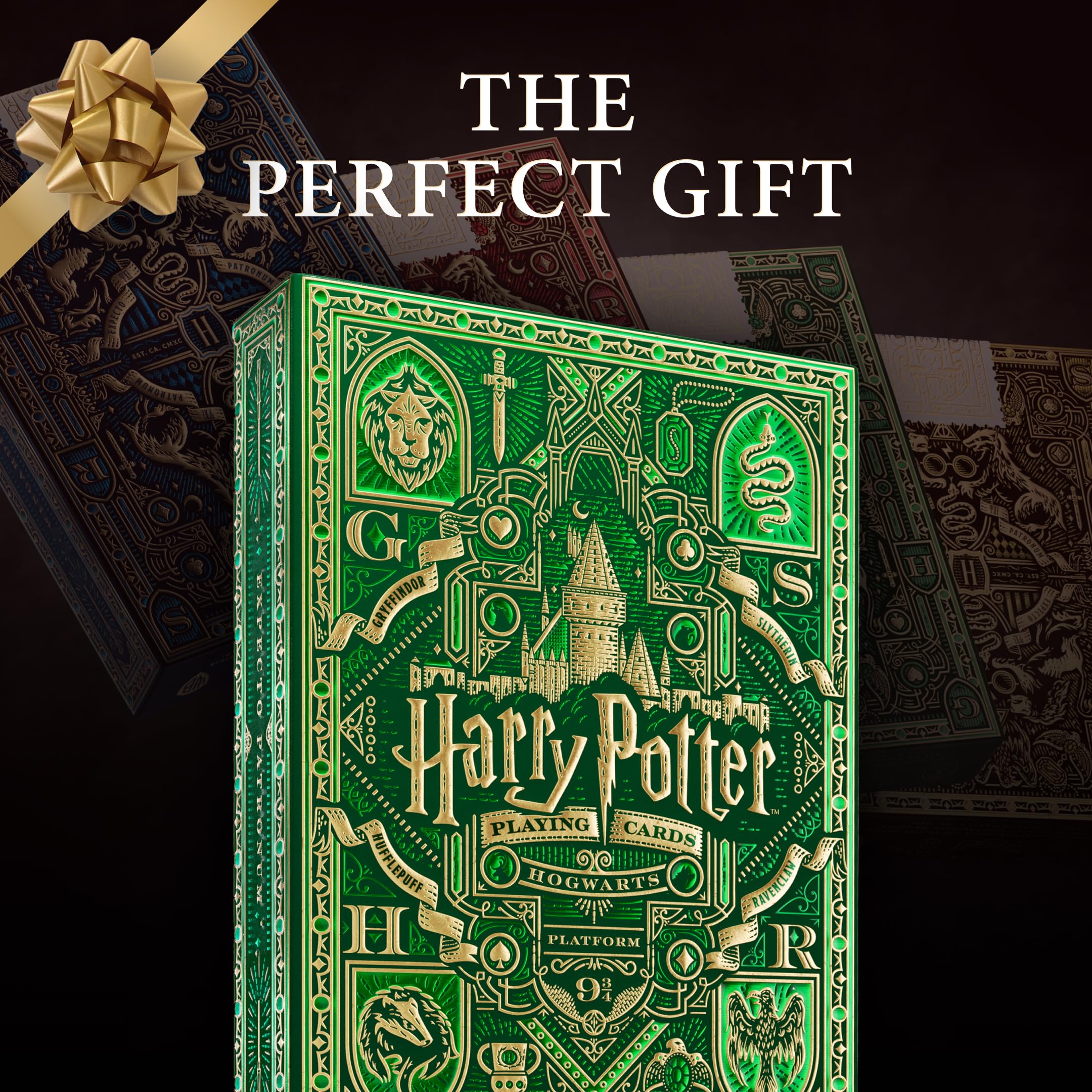 Theory11 Harry Potter playing cards green Slytherin box detail ornate gold embossing.