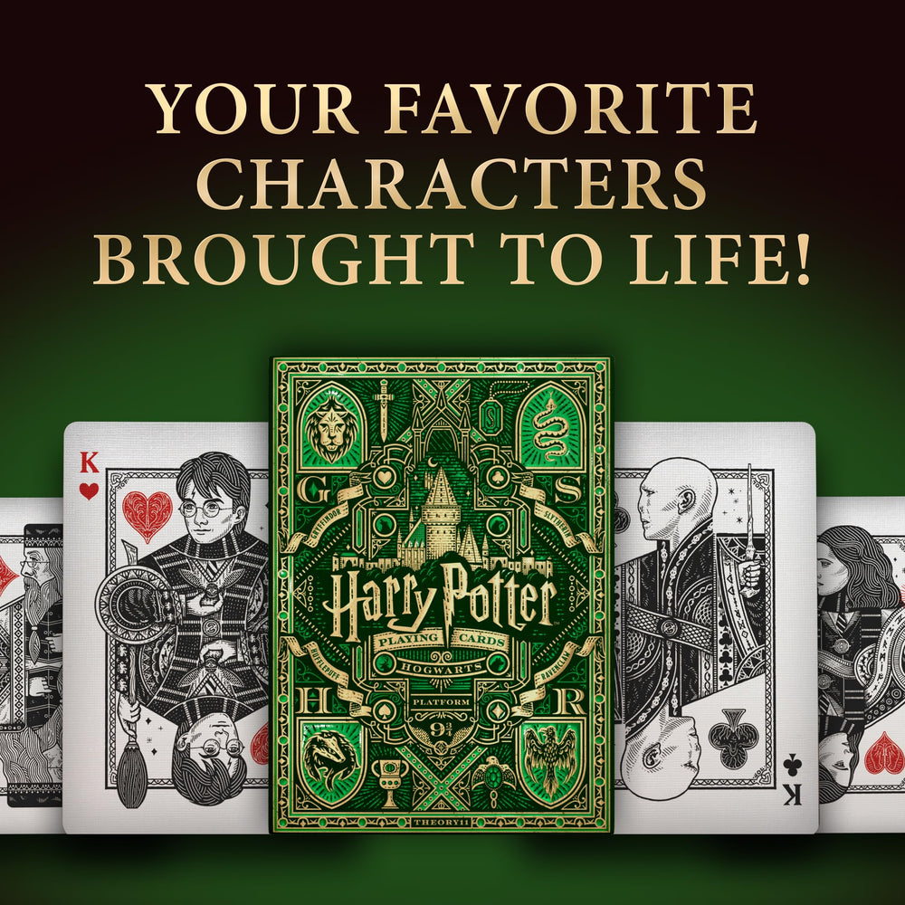Theory11 Harry Potter playing cards green Slytherin back design for collectible appeal.