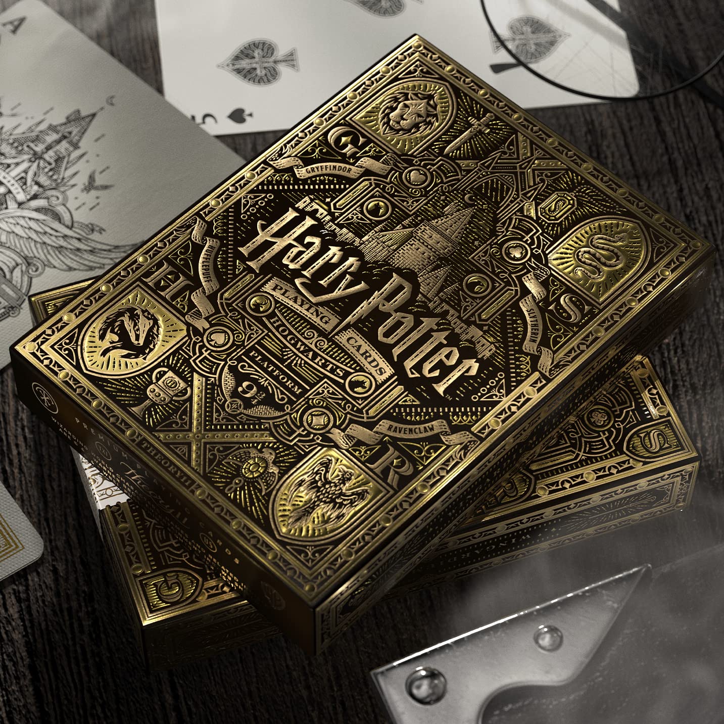 Theory11 Harry Potter playing cards box with gold foil details, ideal for gifting