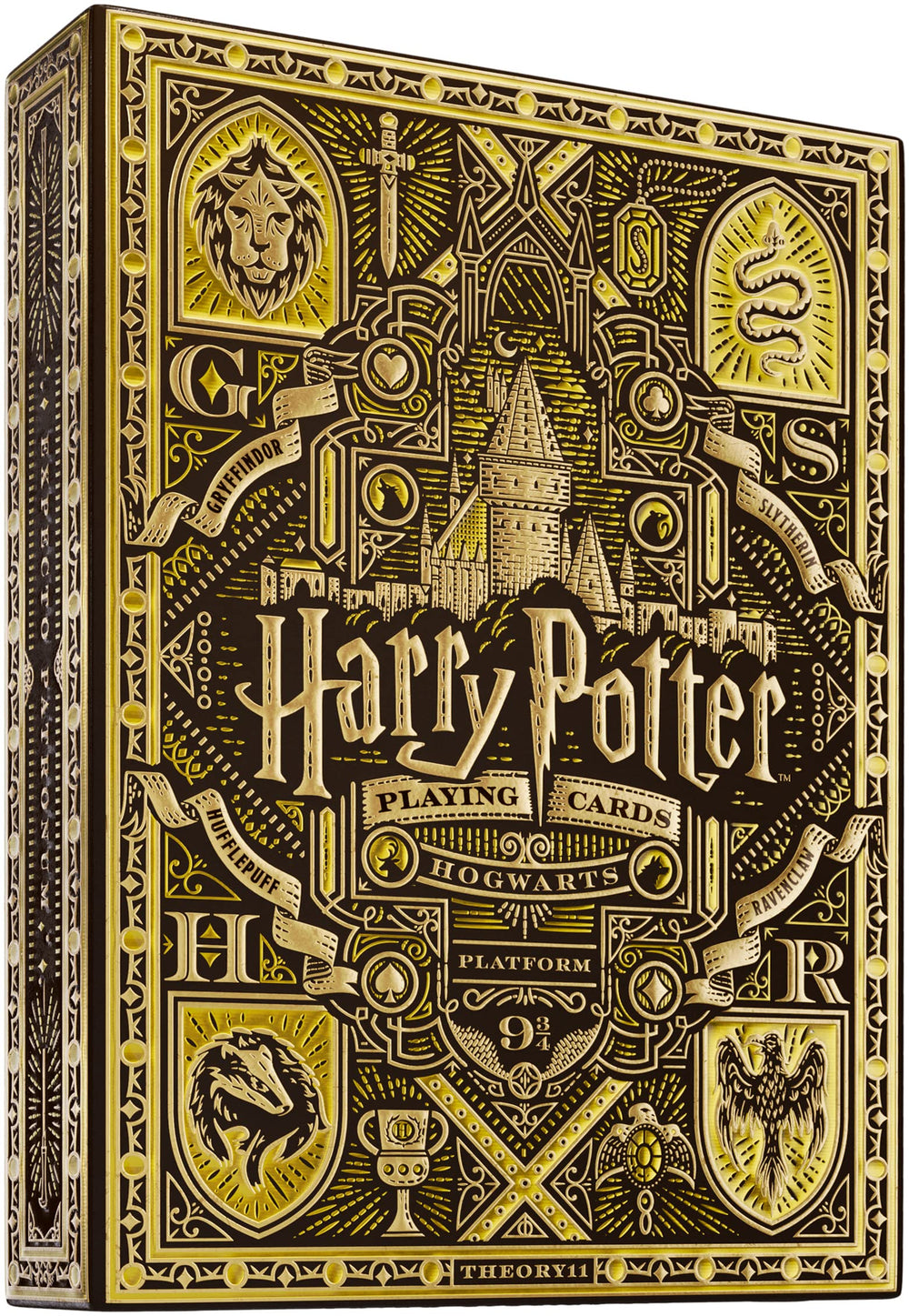 Theory11 Harry Potter playing cards deck front view in yellow Hufflepuff edition, for display and play