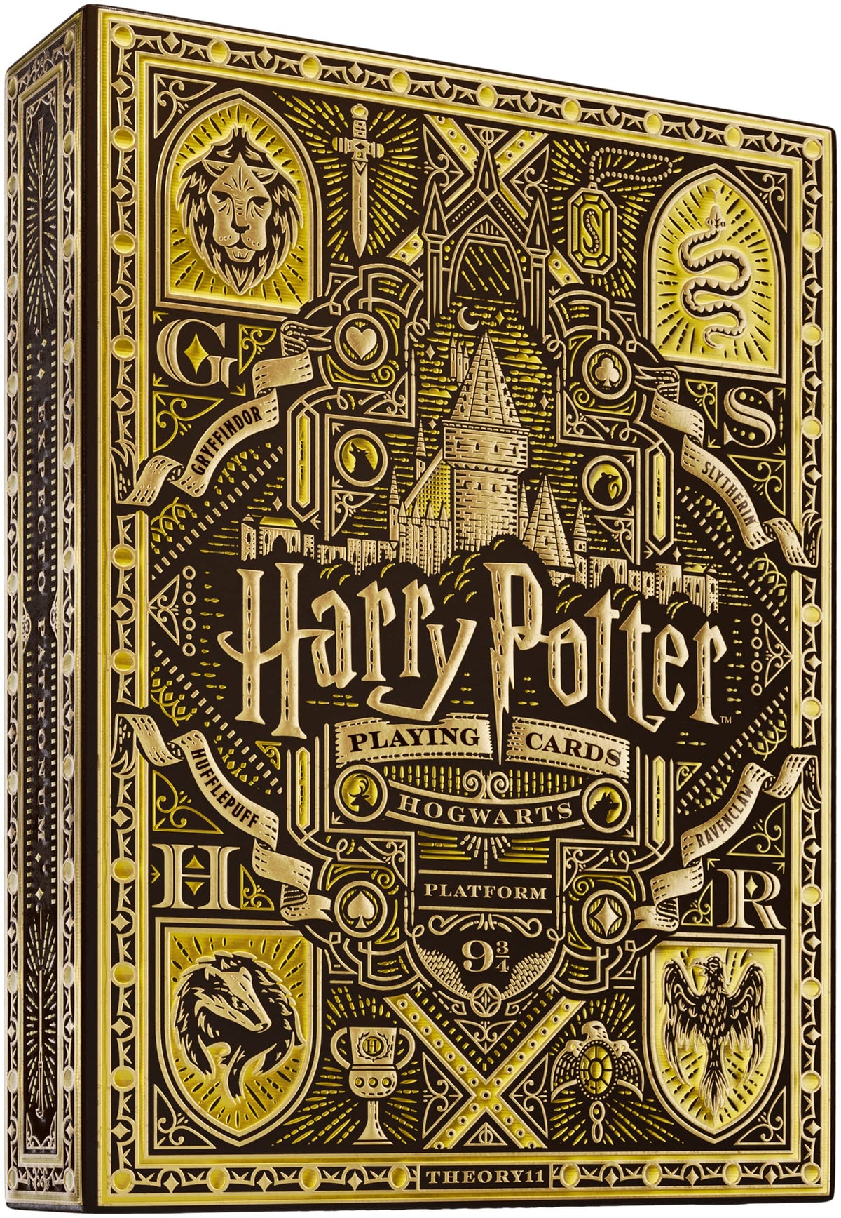 Theory11 Harry Potter playing cards deck front view in yellow Hufflepuff edition, for display and play