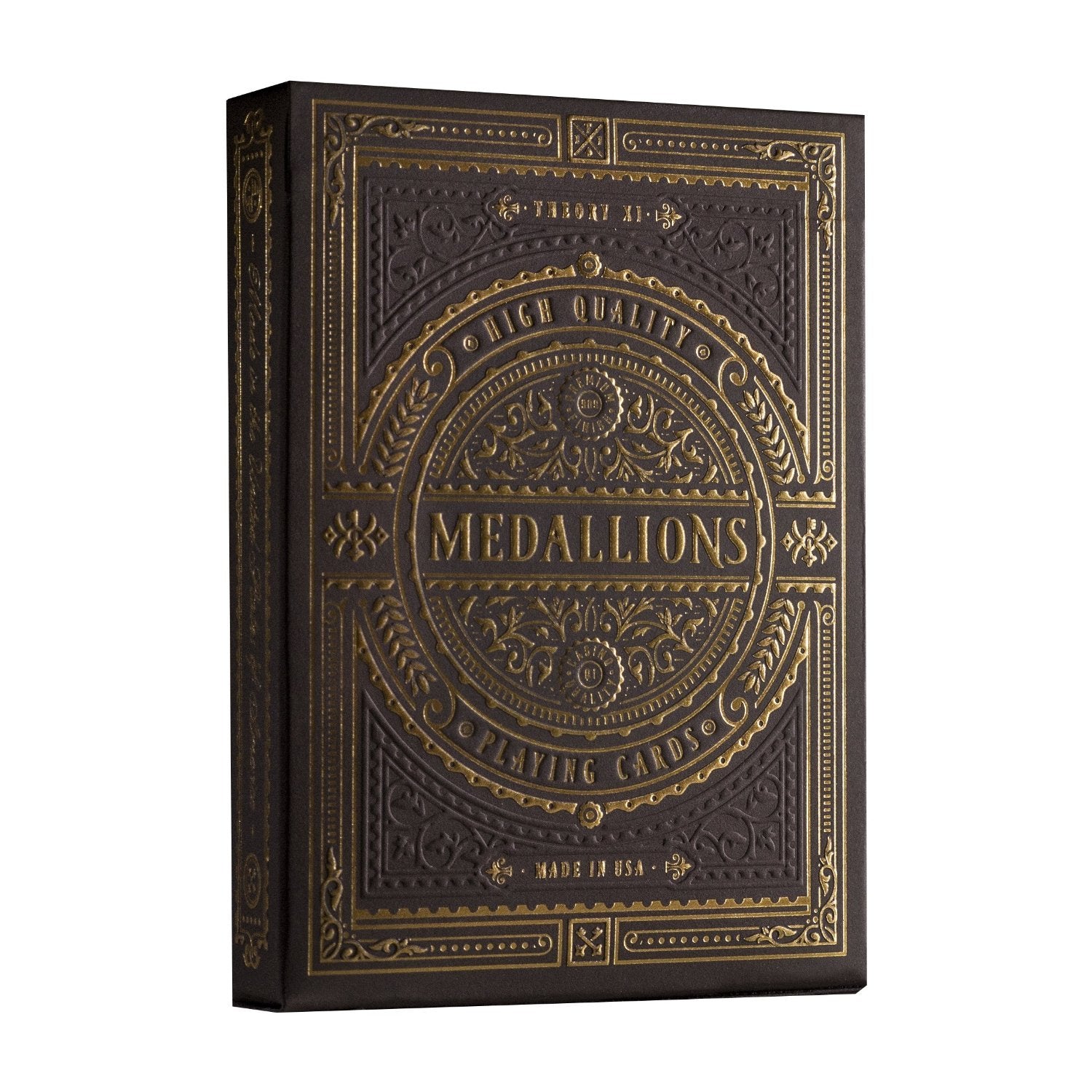 theory11 Medallion playing cards front view with deep brown and gold luxury