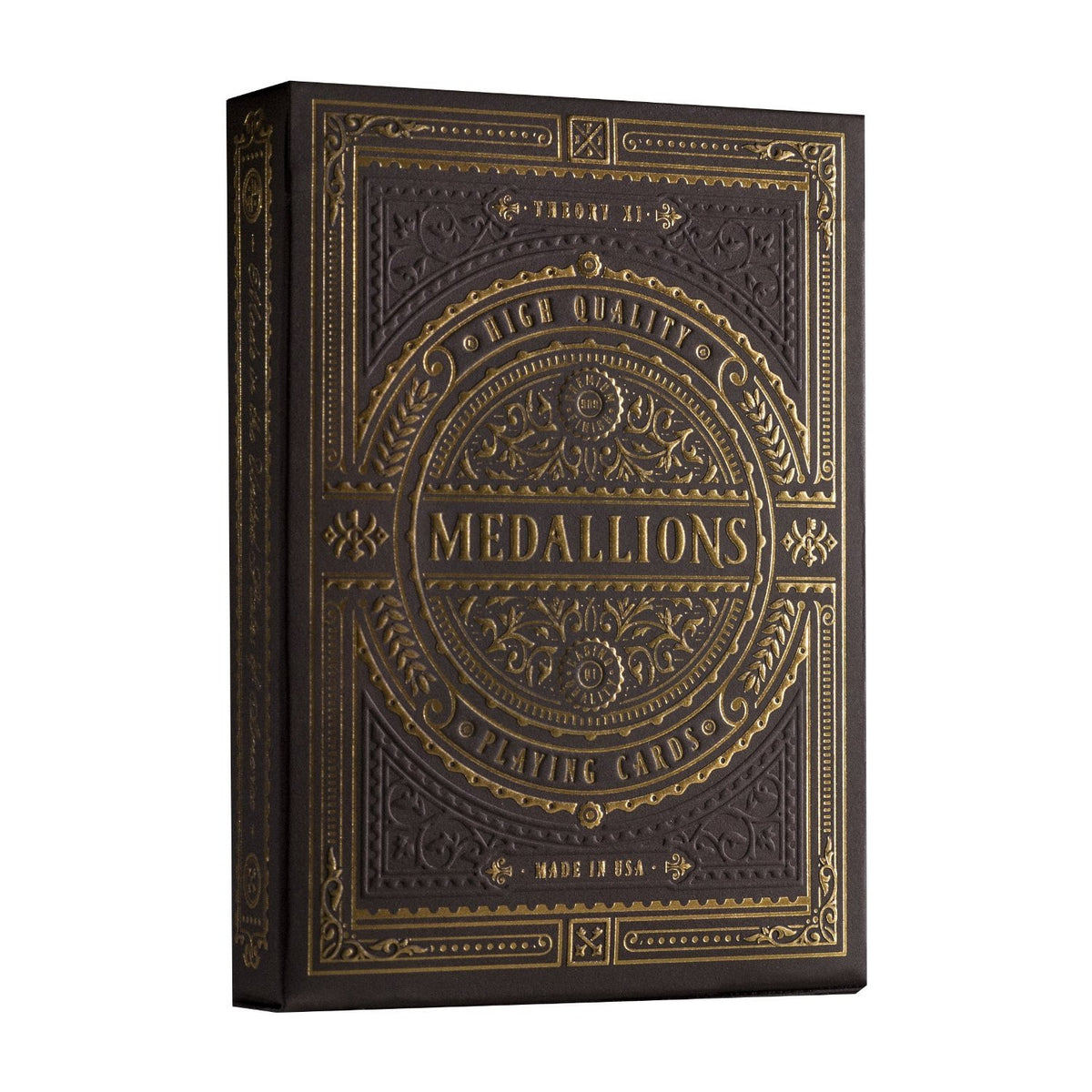 theory11 Medallion playing cards front view with deep brown and gold luxury