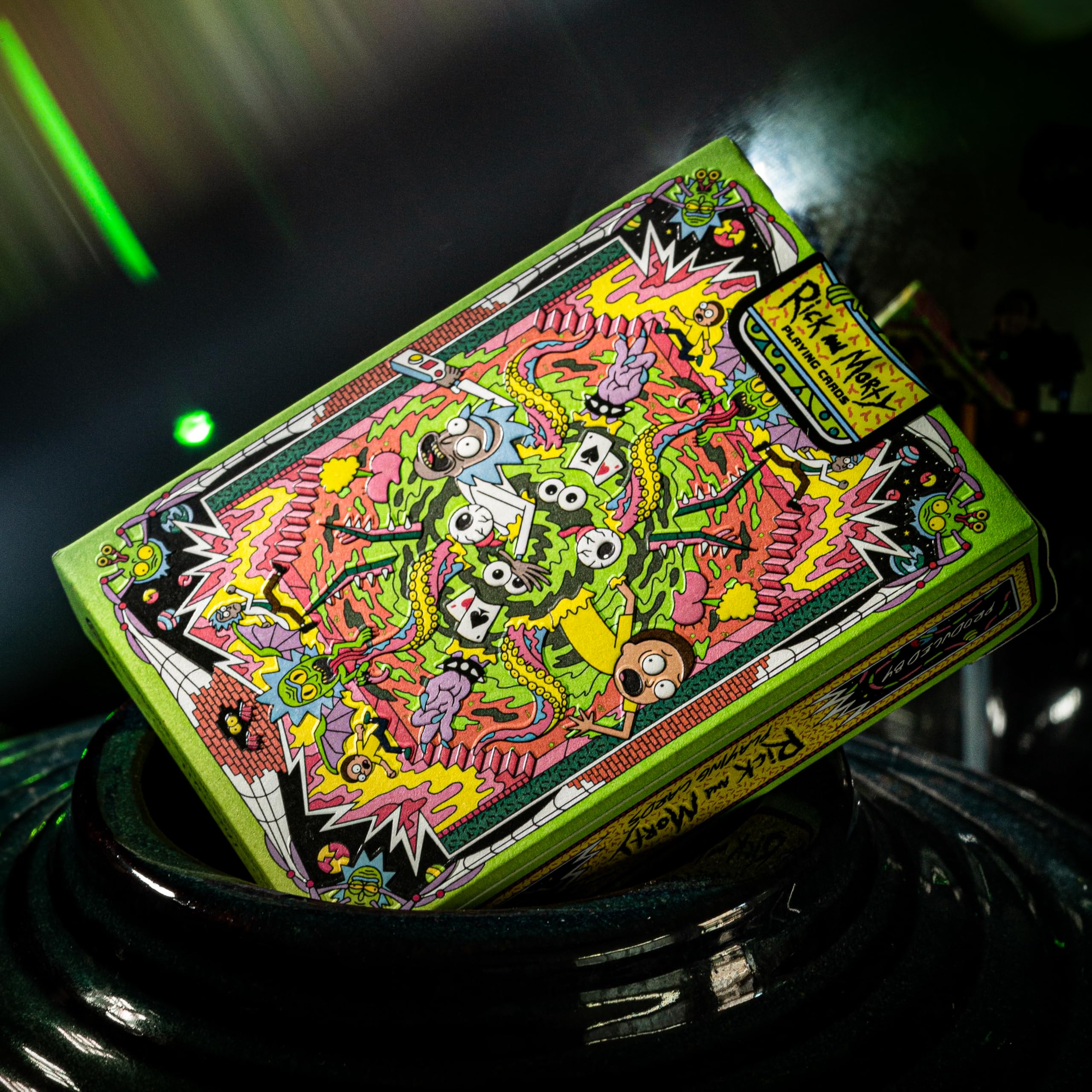 Theory11 Rick and Morty playing cards sticker, Pickle Rick sticker included for collectability.