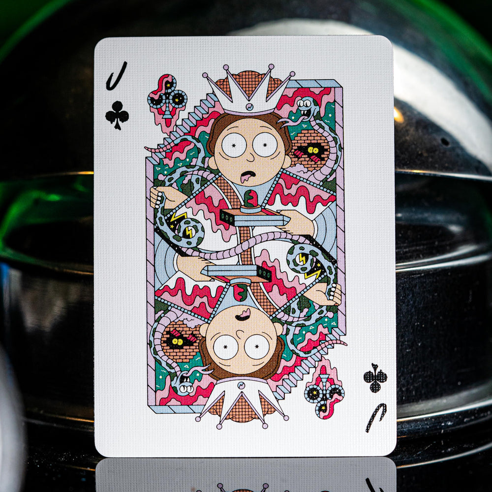 Theory11 Rick and Morty playing cards tuck case, collectible packaging with Pickle Rick sticker.