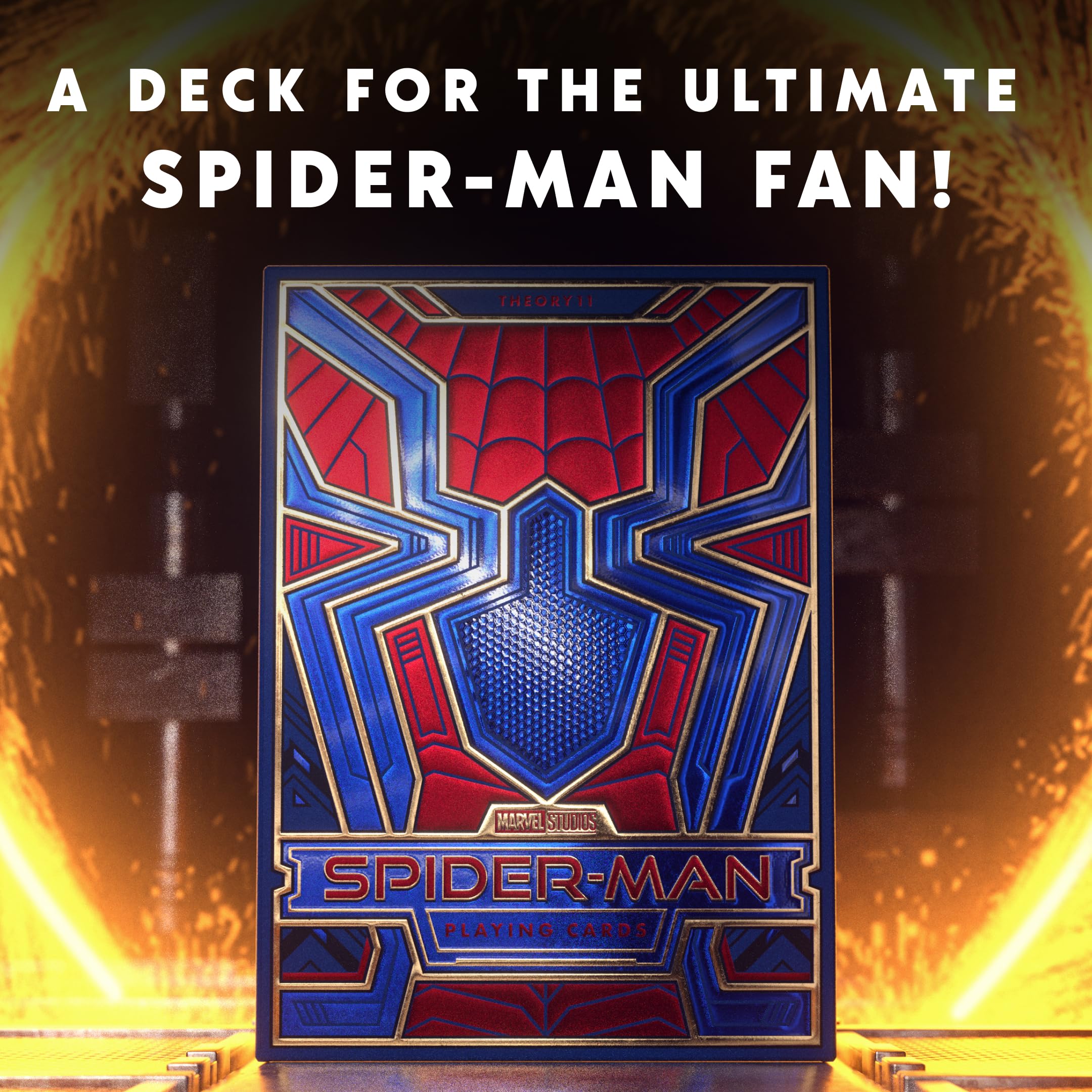 Theory11 Spider-Man gold foil detail catches light for premium flair