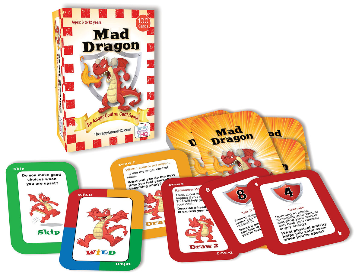 Therapy Game HQ Mad Dragon card-draw scene supports quick anger-control practice in play.