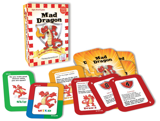 Therapy Game HQ Mad Dragon card-draw scene supports quick anger-control practice in play.