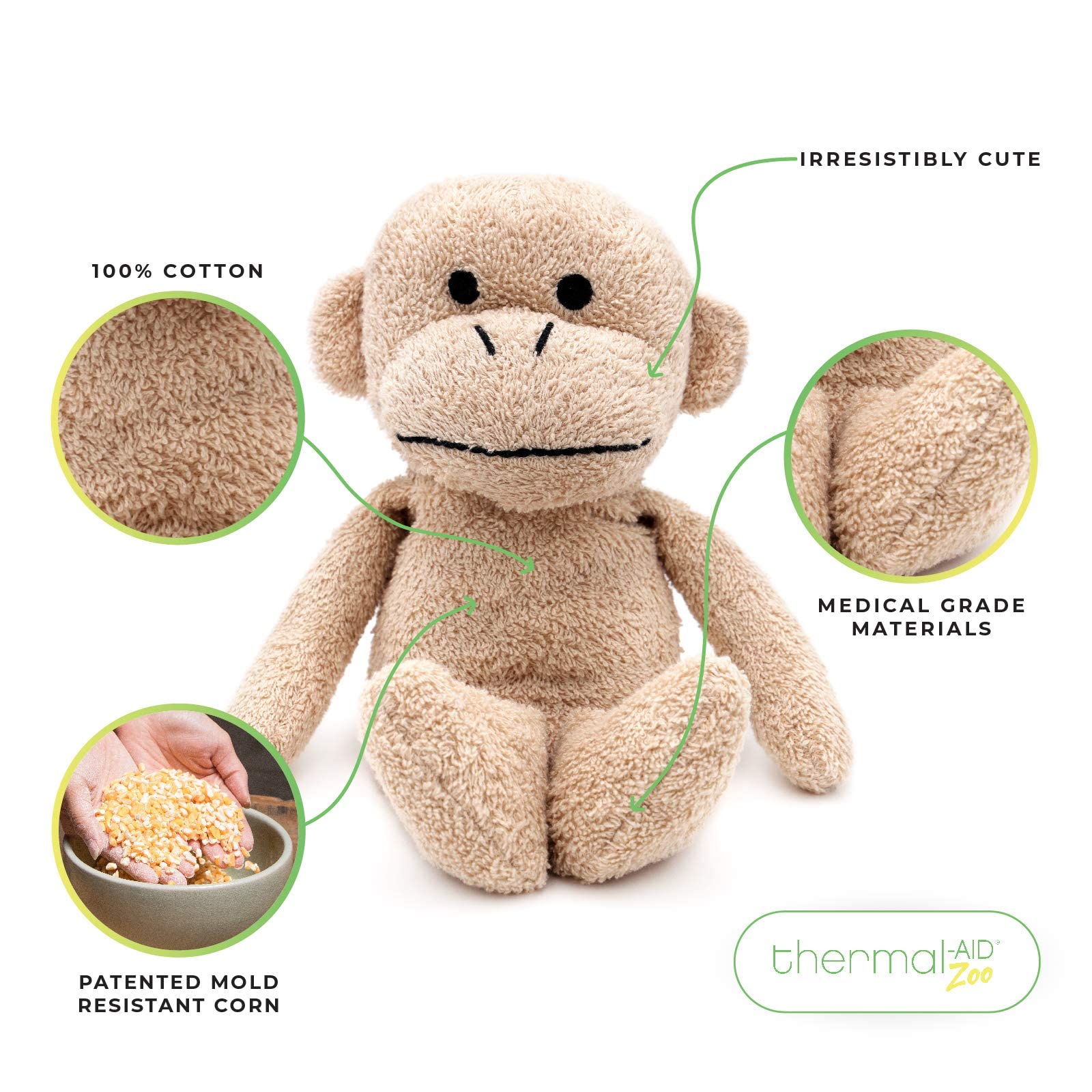 Thermal-Aid Jo Jo The Monkey warmed in a microwave for instant comfort