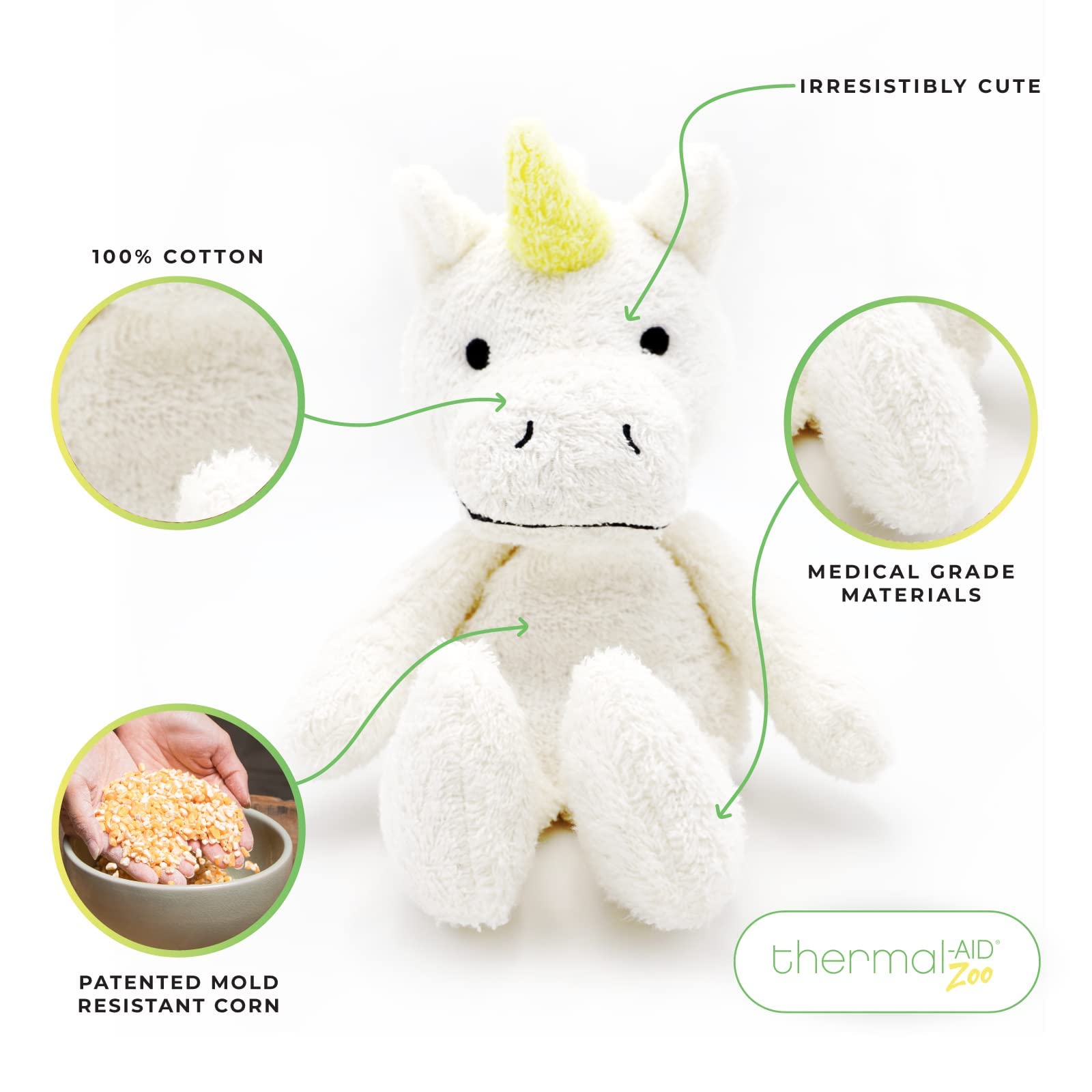 Thermal-Aid Juno the Unicorn plush exterior offers gentle comfort during temperature therapy.