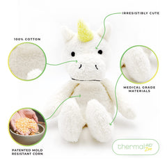 Thermal-Aid Juno the Unicorn plush exterior offers gentle comfort during temperature therapy.