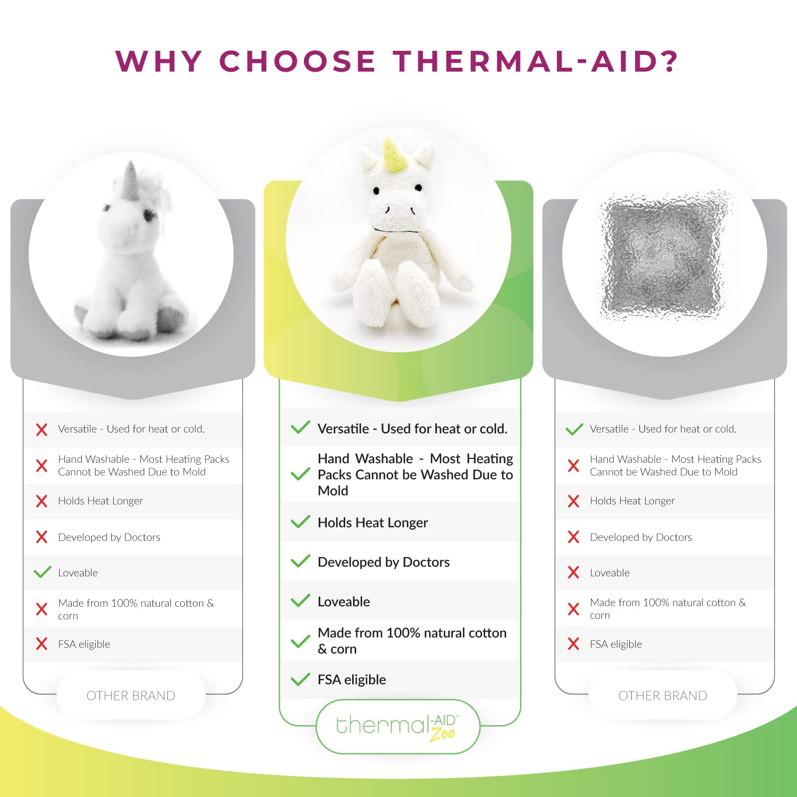 Thermal-Aid Juno the Unicorn natural corn filling resists mold and supports repeated use.