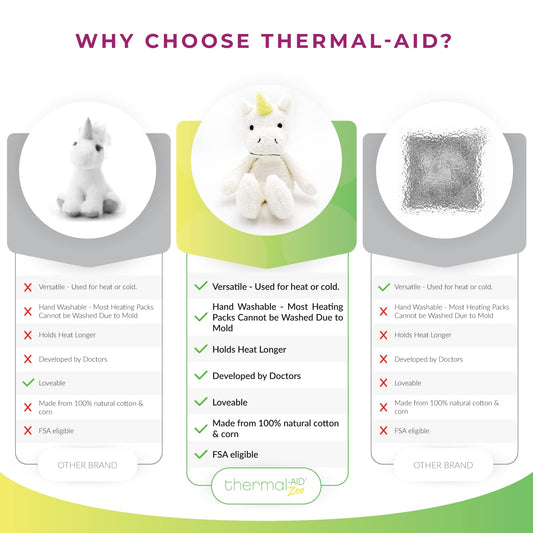 Thermal-Aid Zoo Juno unicorn hot-cold pack in adorable plush
