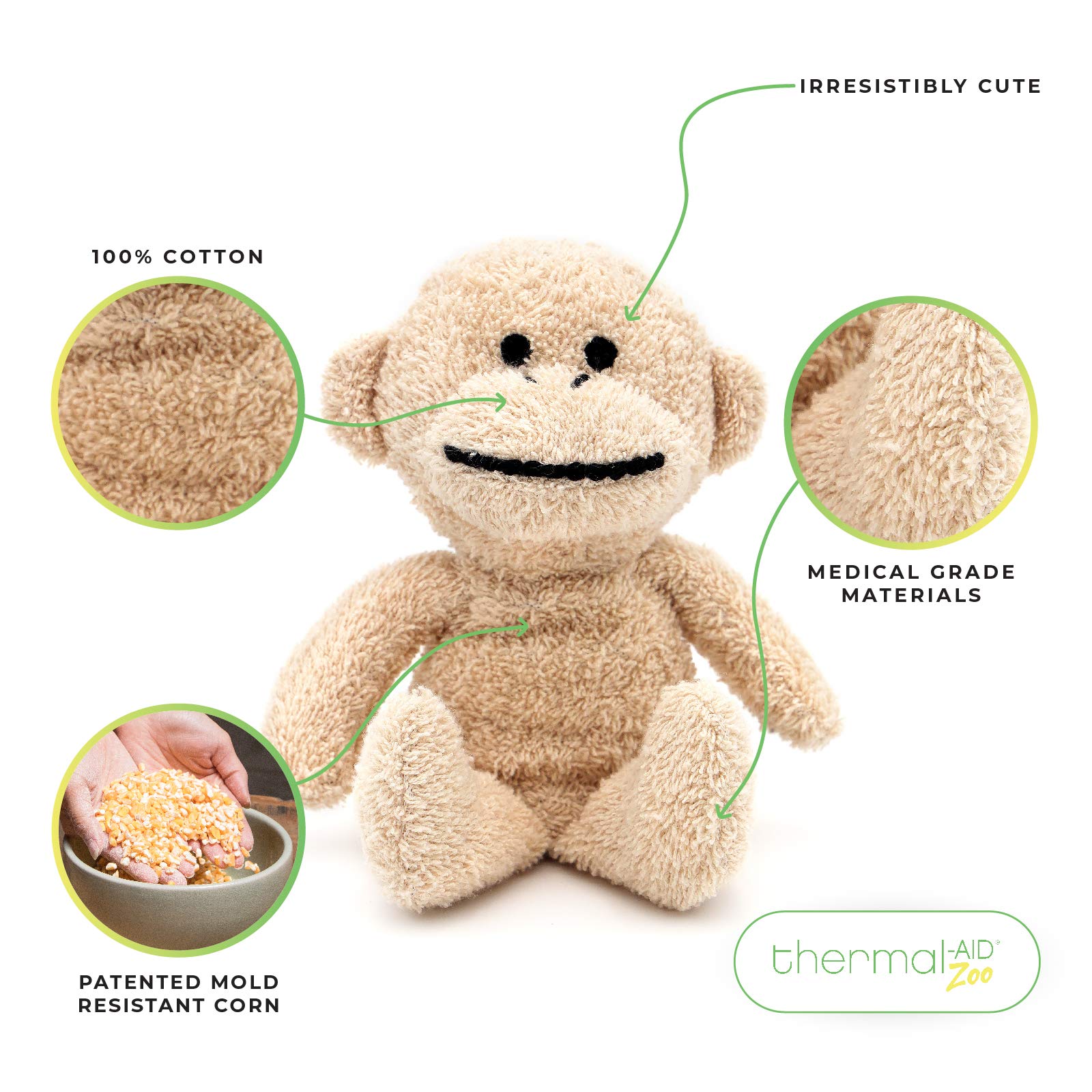 Thermal-Aid Zoo Mini Jo Jo Monkey warming pad provides gentle heat.