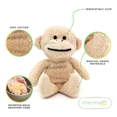 Thermal-Aid Zoo Mini Jo Jo Monkey warming pad provides gentle heat.