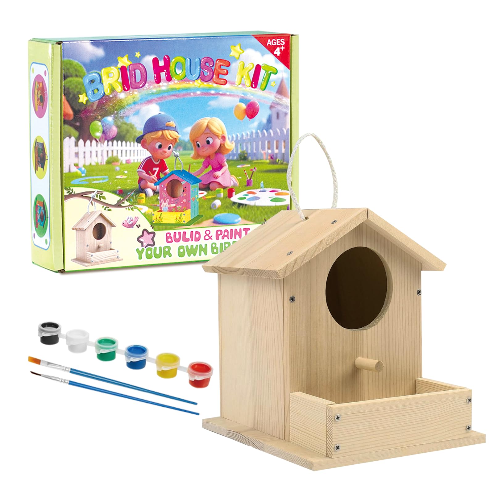 Thick&Thin Bird House Kit assembly view shows easy pre-drilled parts.