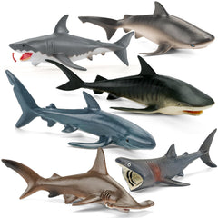 THINKBAY 6-pack shark figurines with open jaws for imaginative bath play.