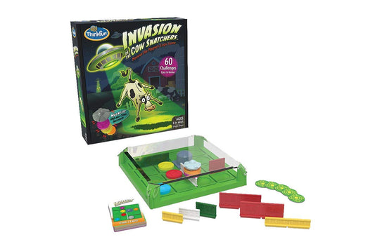 ThinkFun Invasion of the Cow Snatchers grid with walls for logic challenges.