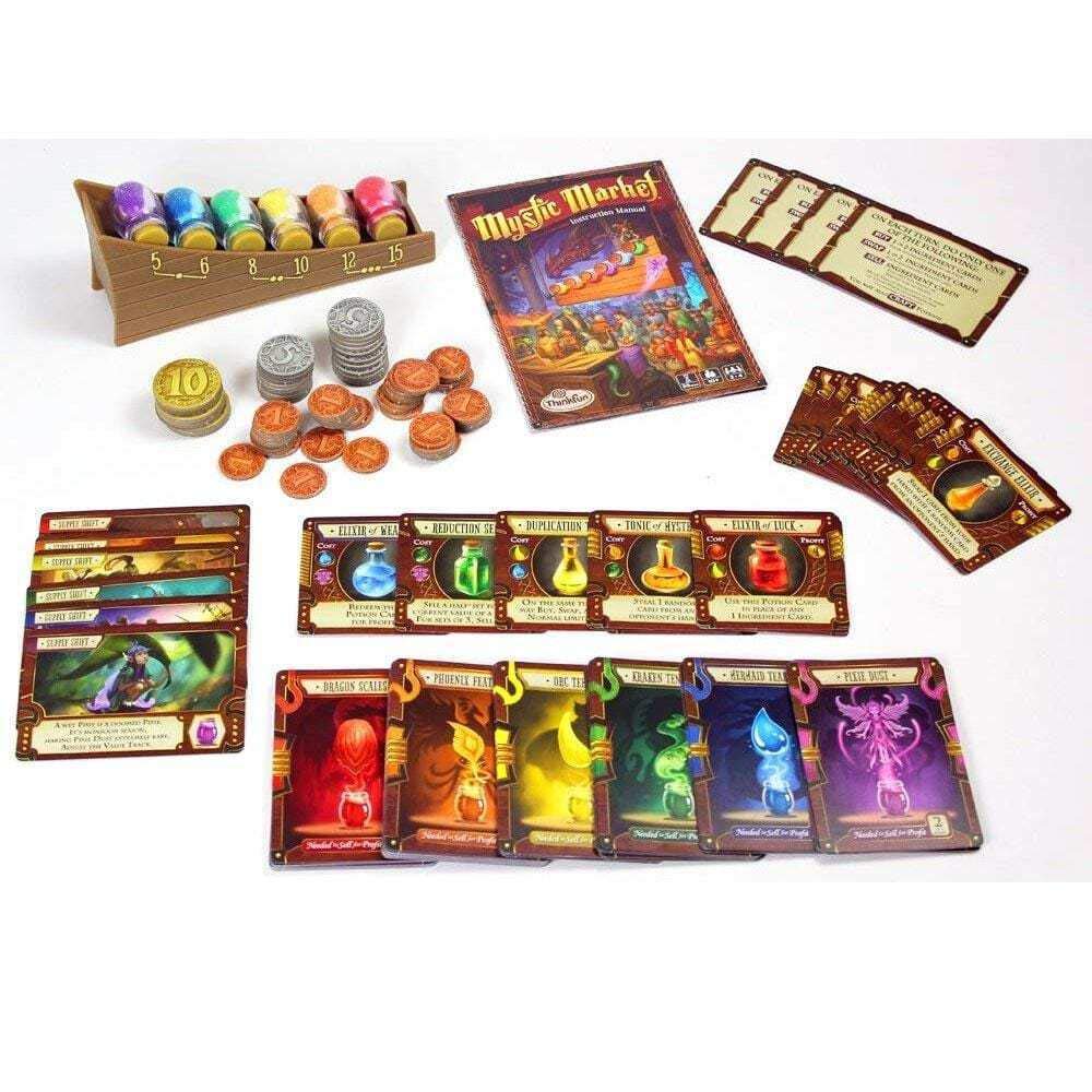 ThinkFun Mystic Market cards and potions support strategic planning.