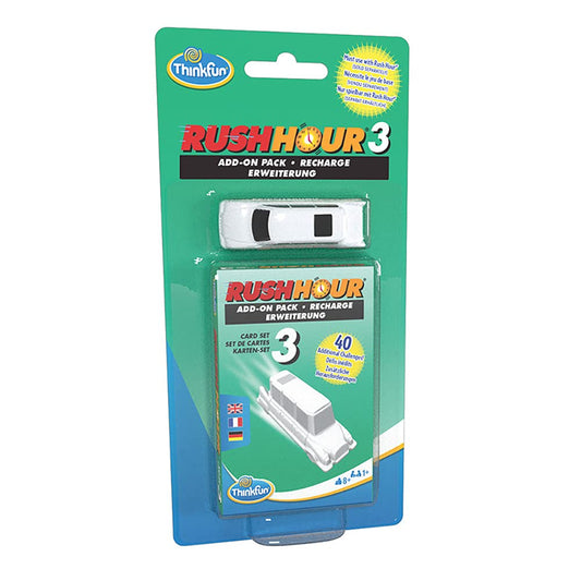 ThinkFun Rush Hour 3 expansion with limo escape car boosts solo puzzle play.