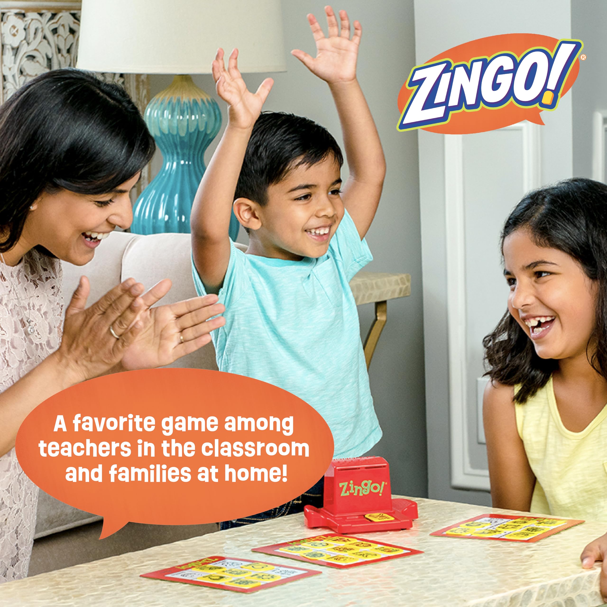 ThinkFun Zingo 1-2-3 family play shows kids learning together