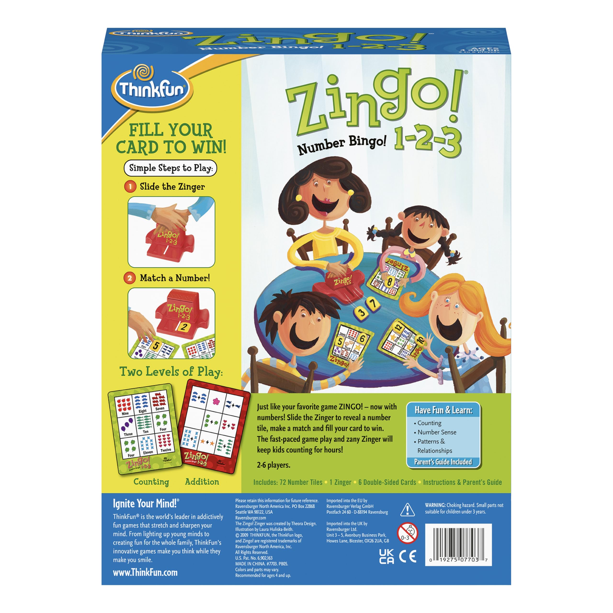 ThinkFun Zingo 1-2-3 packaging and box design inviting family play