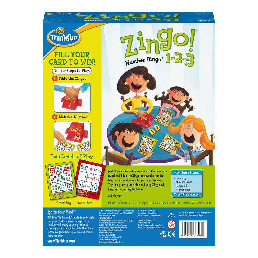 ThinkFun Zingo 1-2-3 packaging and box design inviting family play