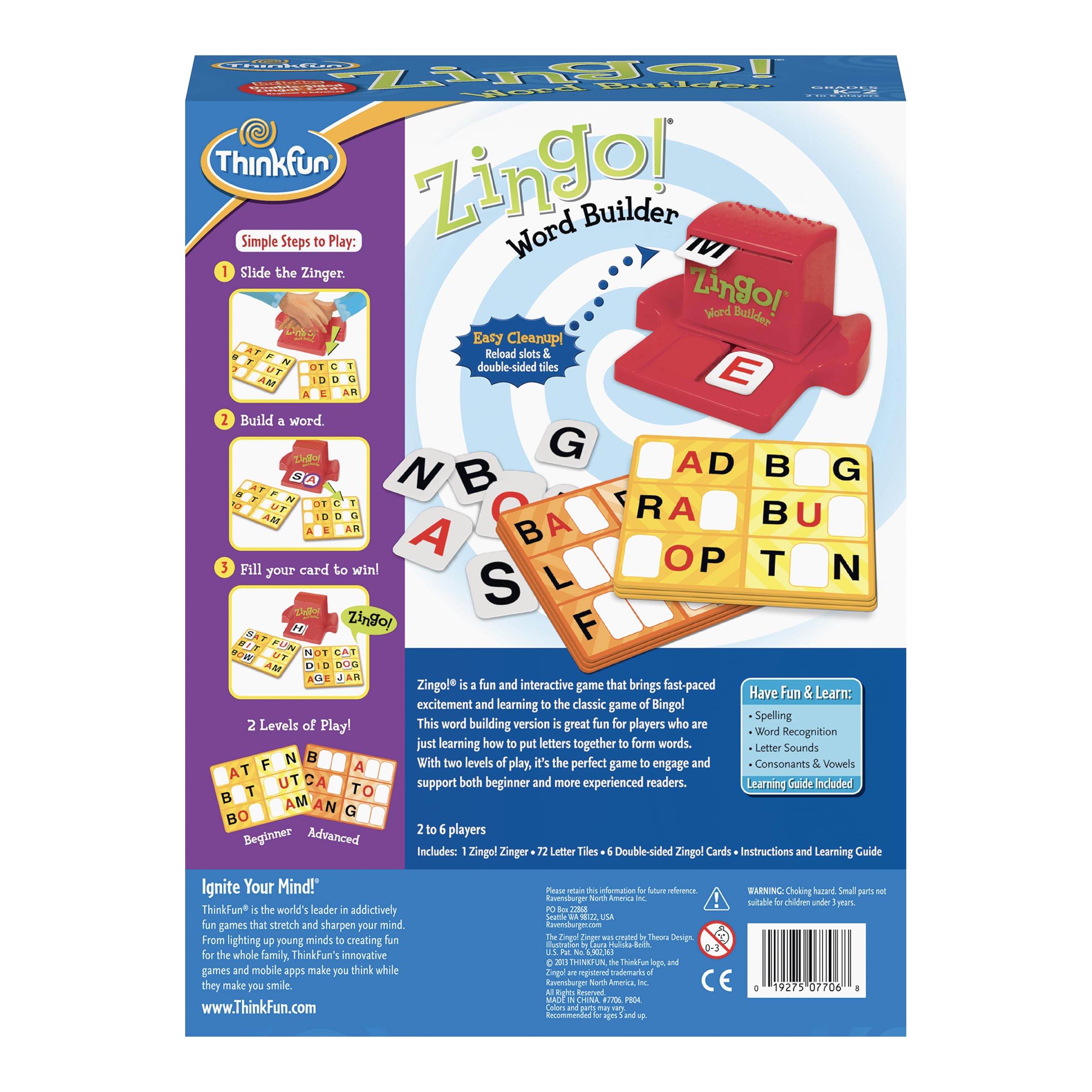 ThinkFun Zingo Word Builder early reading practice in a playful setting.