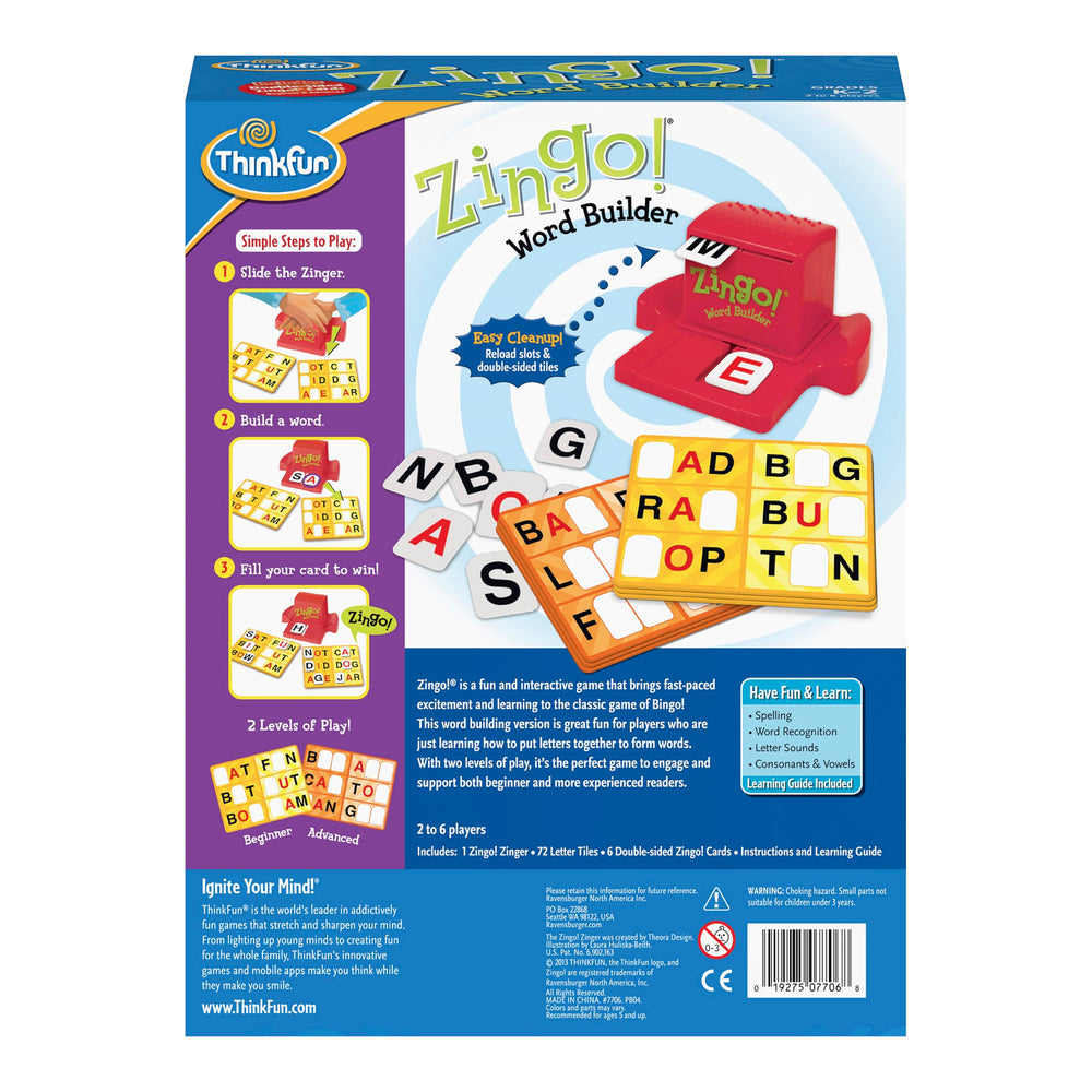 ThinkFun Zingo Word Builder early reading practice in a playful setting.