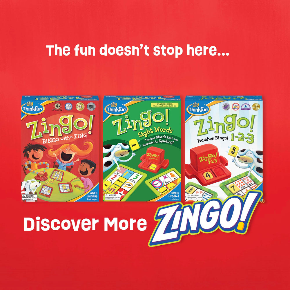 ThinkFun Zingo Word Builder two-level play supporting beginners and advanced readers.
