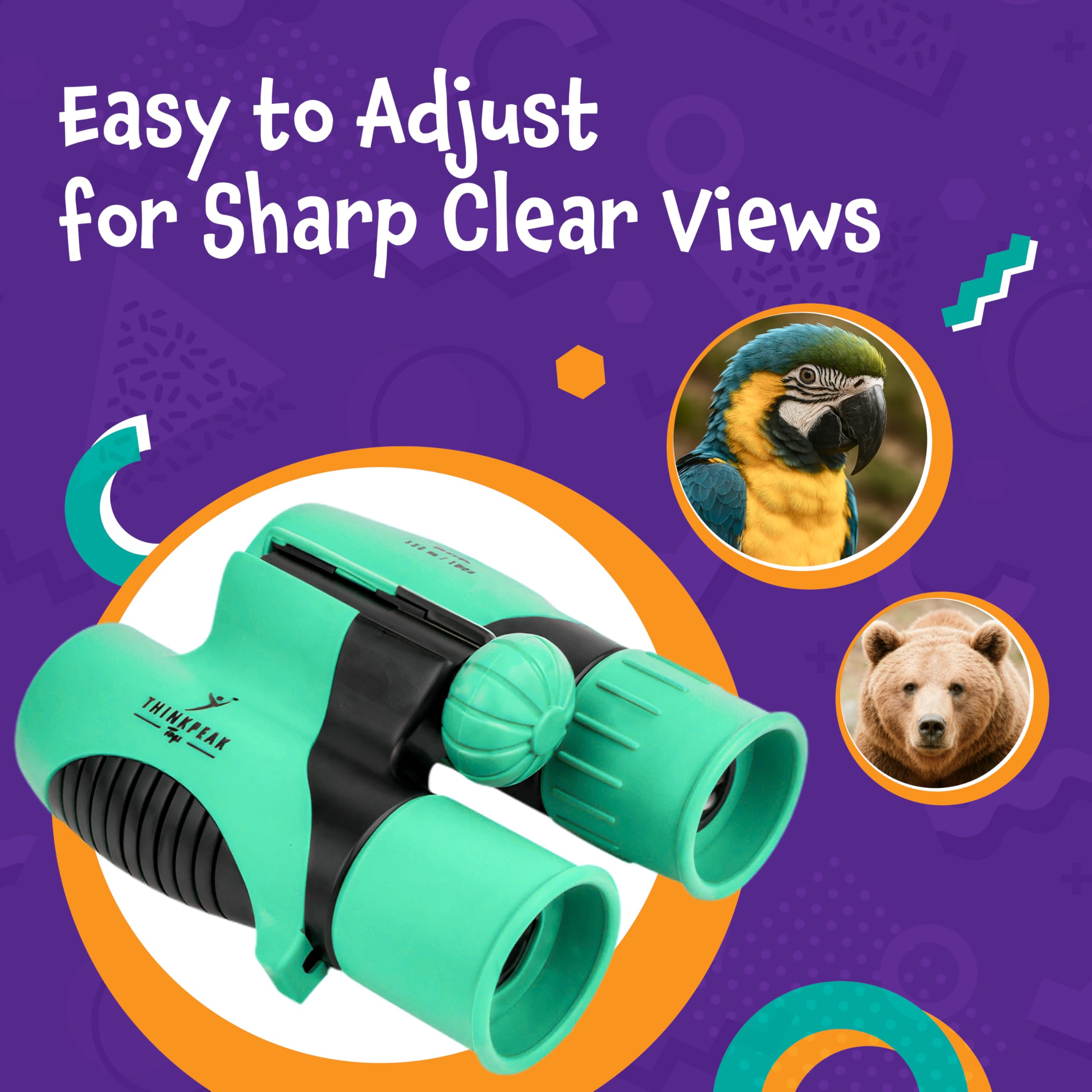 Think Peak binoculars lens closeup highlights clear glass and durable build for young observers.