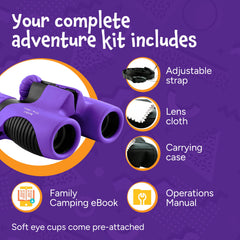 Think Peak Purple Binoculars center-focus knob with textured grip eases focusing.