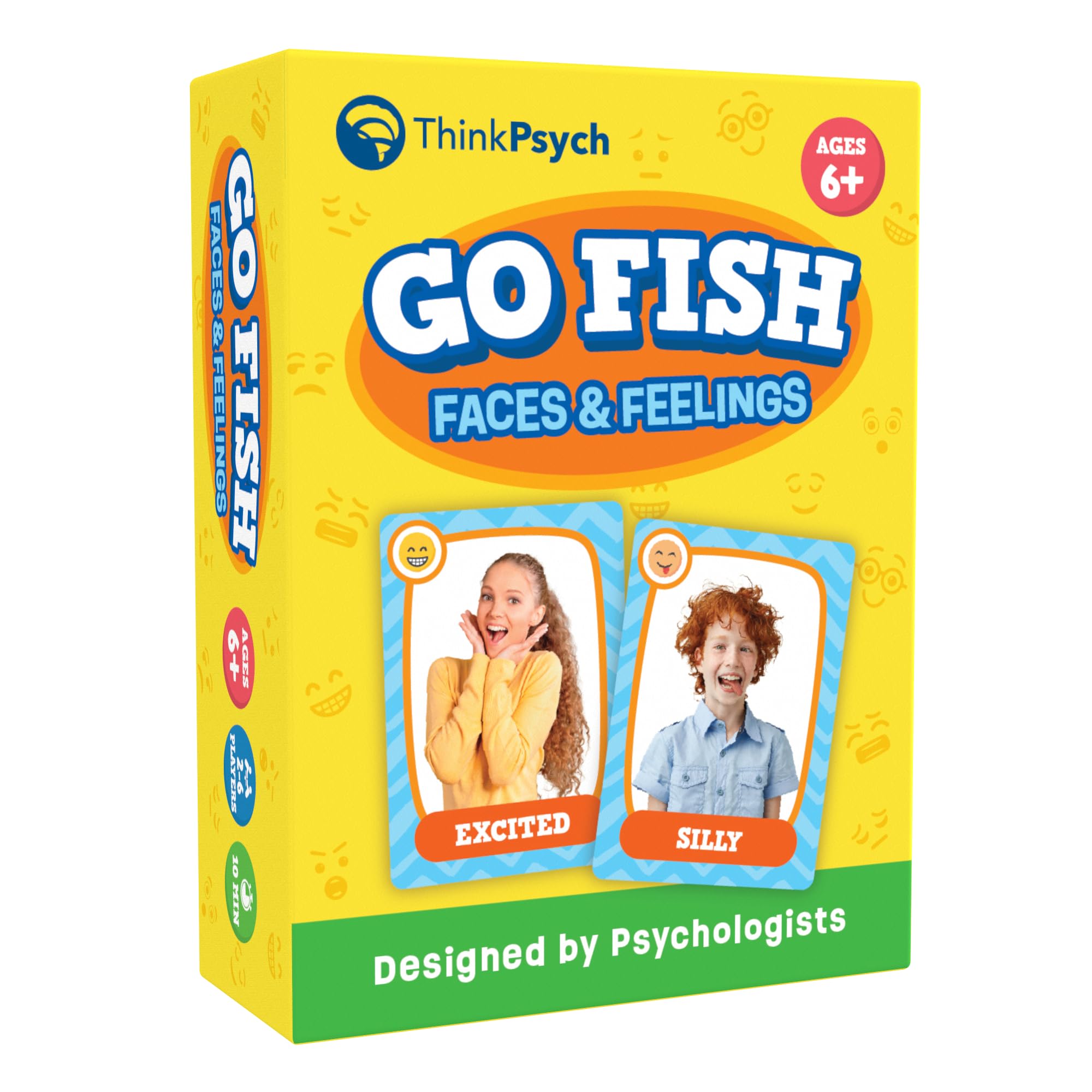 ThinkPsych Go Fish faces and feelings cards laid out for SEL practice.