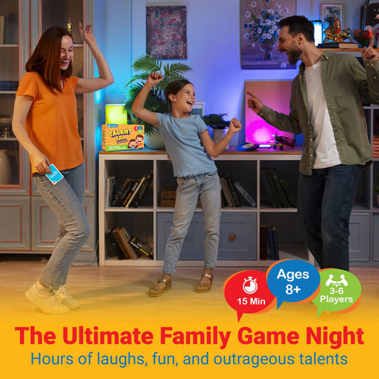 ThinkPsych Talent Jam family game night scene with smiling players.