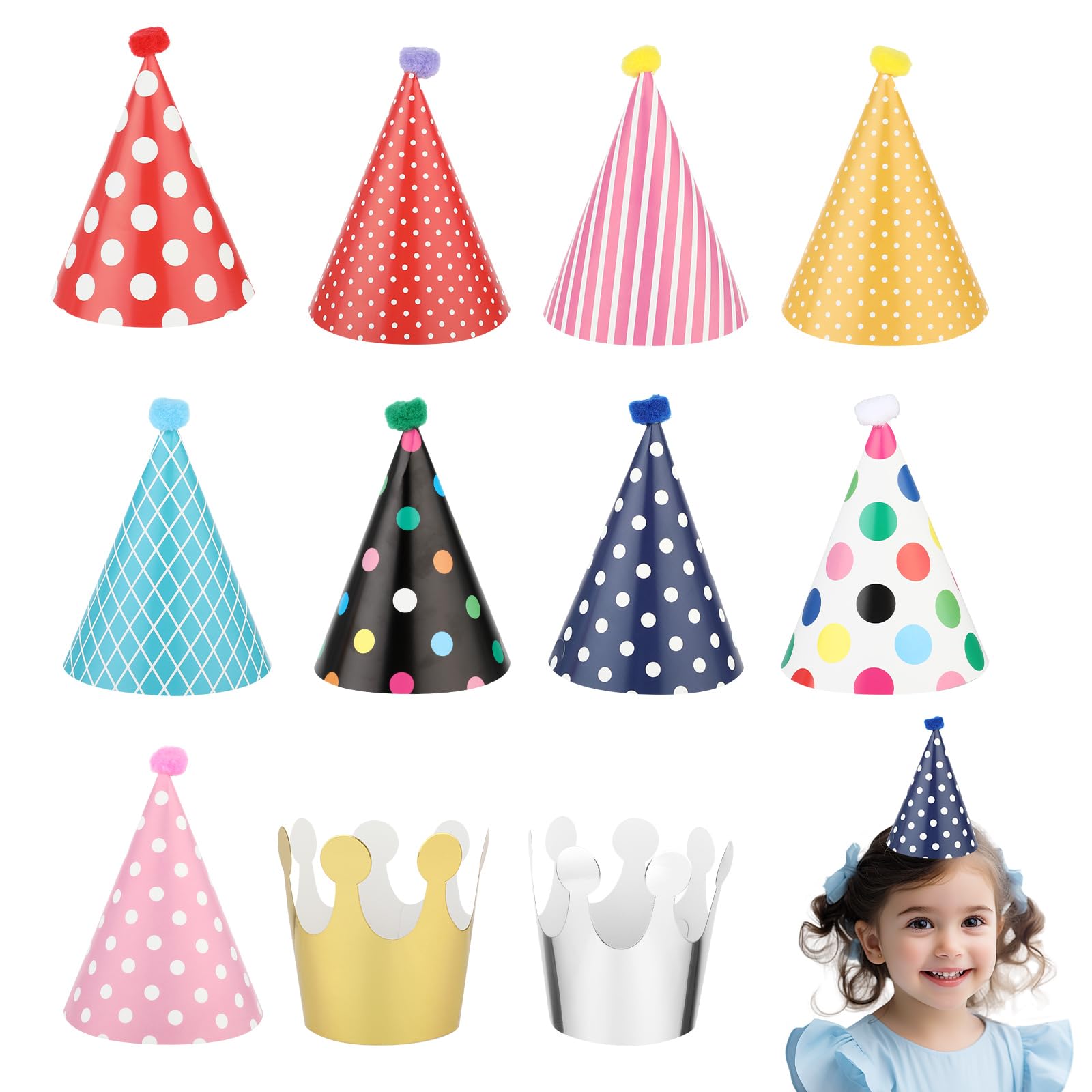 Thinp cone hats with polka dots for festive birthday photos.