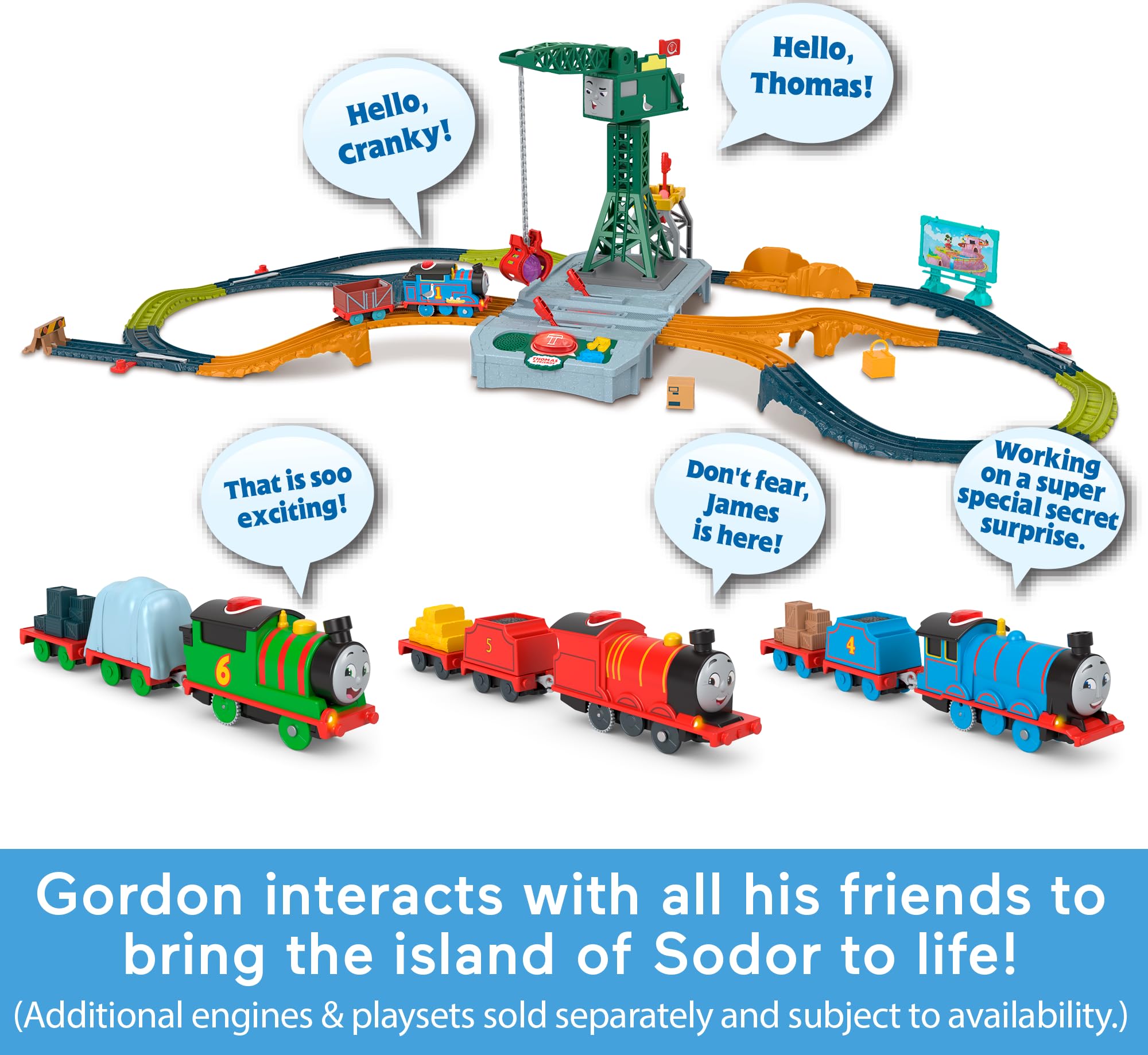 Gordon engine with cargo cars for loading and unloading pretend play.