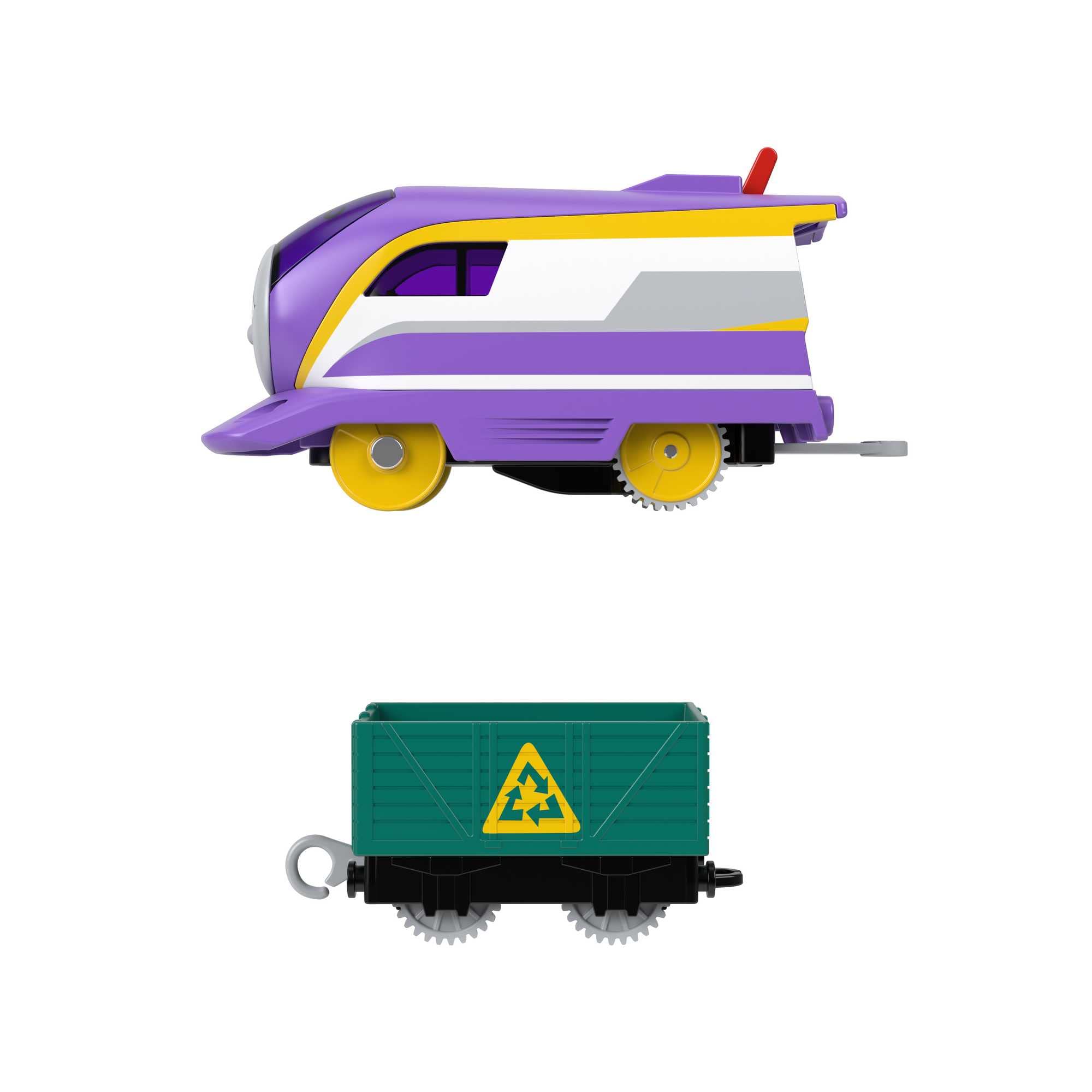 Kana switch-action in motion for fast pretend play on railroad tracks.