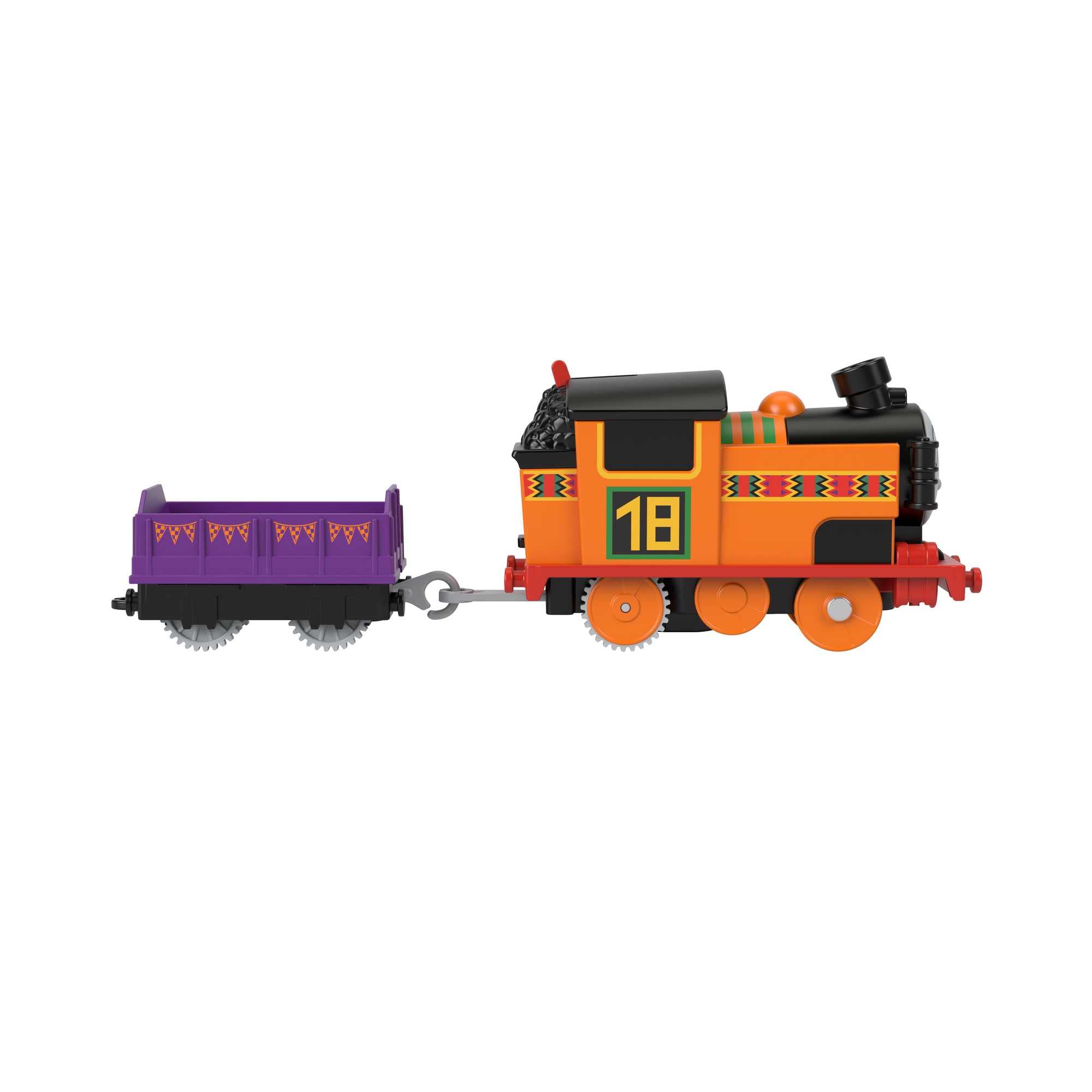 Nia cargo car attached to engine enables imaginative cargo scenarios on track.