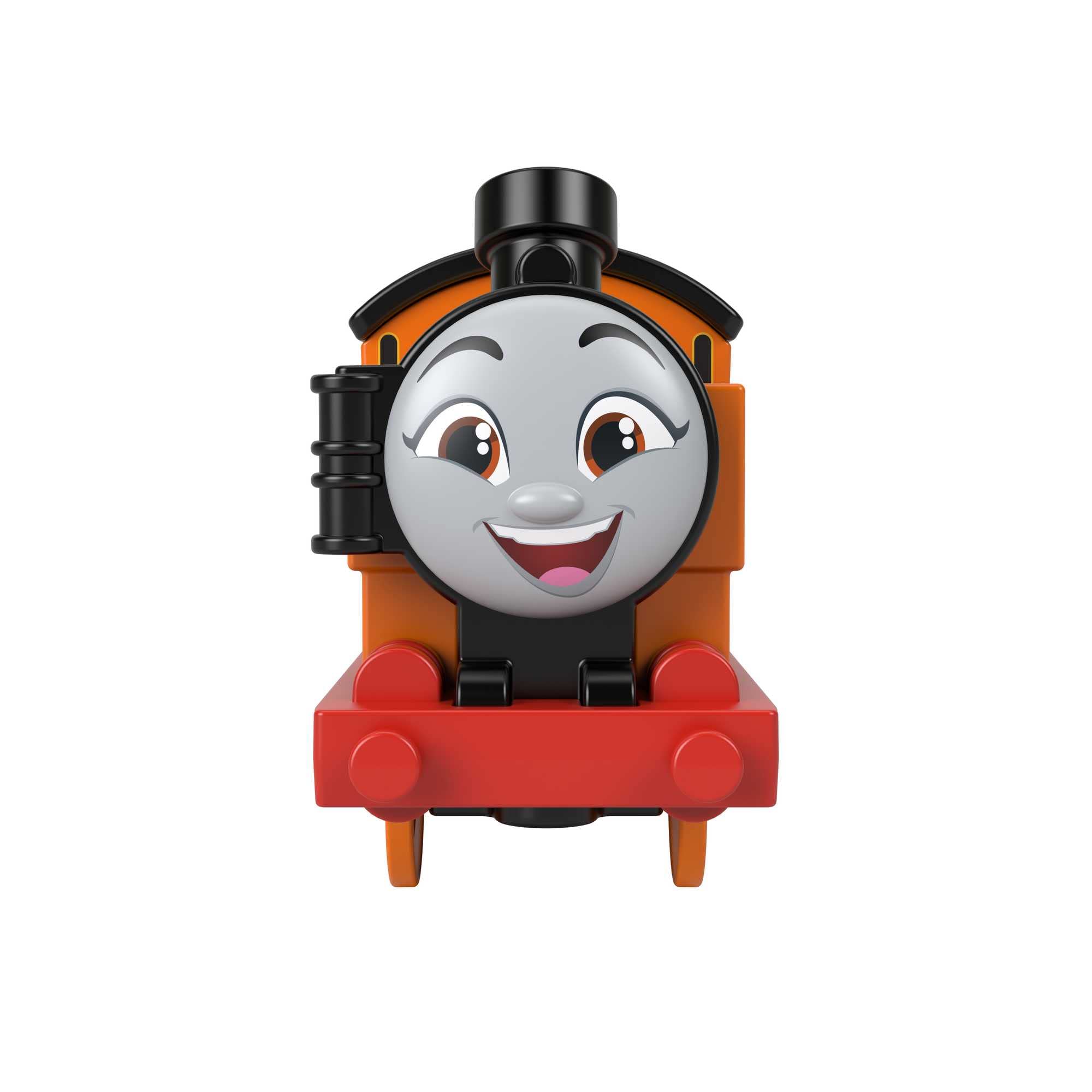 Side view of motorized train beside track ready for adventure.